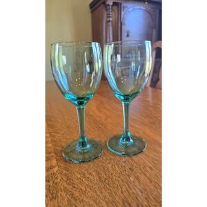 Aqua Blue Wine Glasses Set Of 2 Stemmed Goblets Teal Vintage Barware
